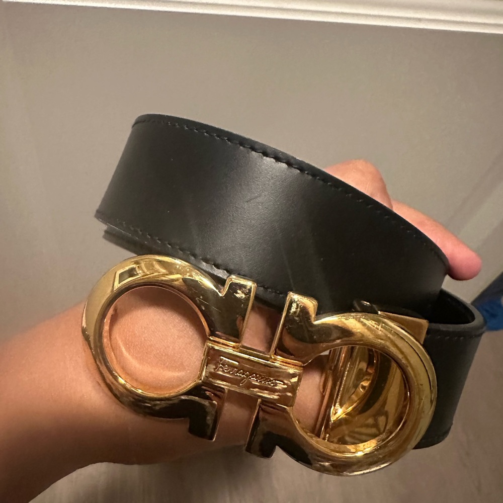 Salvatore Ferragamo Black Belt with Gold Buckle